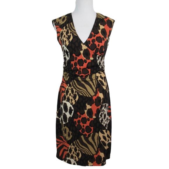 BCBG PARIS Faux-Wrap Surplice Sheath Dress Sleeveless Mixed Animal Print Size PM - Picture 1 of 11